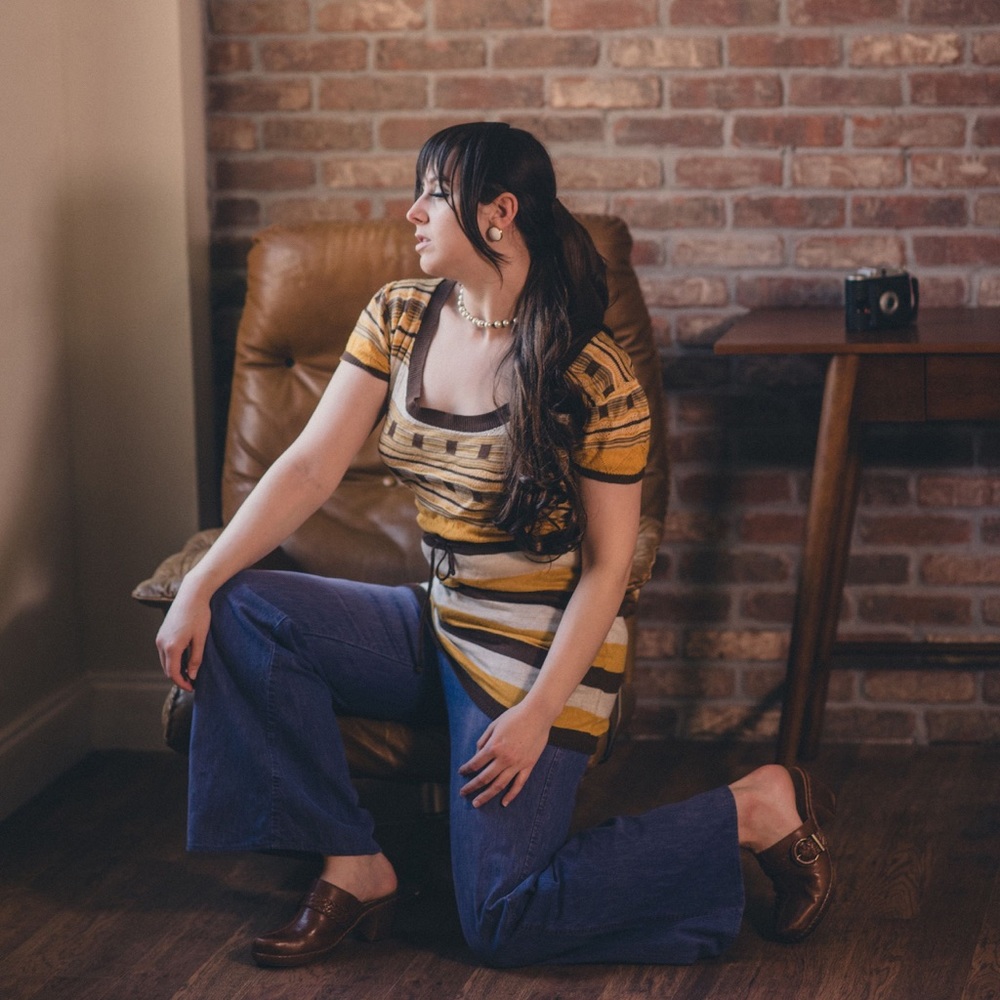 Vintage 70s mustard yellow, brown and white striped knit tunic top